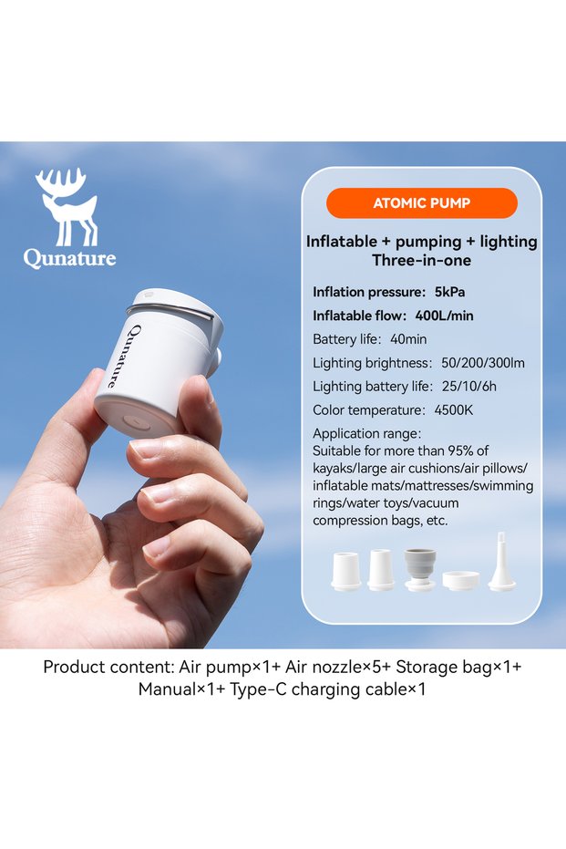 600109-WT Qunature Air Pump Inflatable Lightweight Pumping Camping light Type-C charging Mini Portab