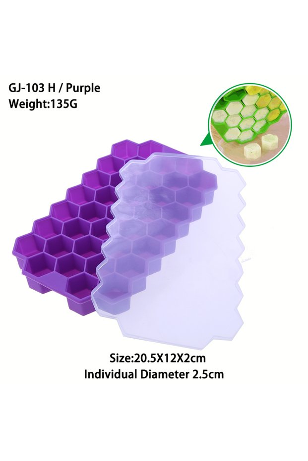 H Purple 1PC 37 Grid Food Grade Soft Silicone With Cover Honeycomb Ice Cube Mold Washable And Reusa