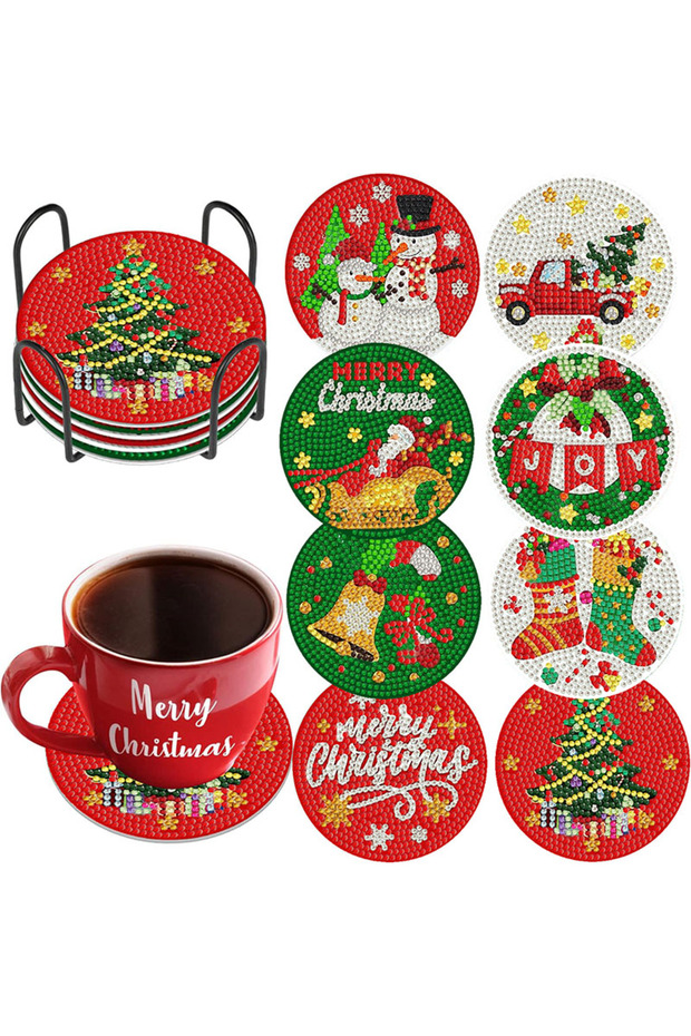 10x10 WHITE 8-Piece Set of Diamond Painted Wooden Coasters with Brackets, Holiday Christmas Theme, D