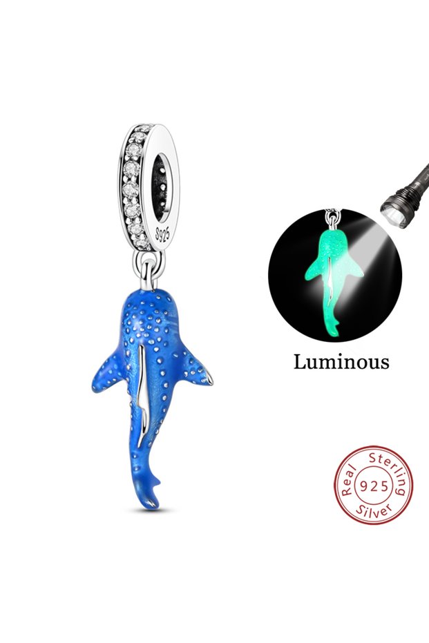 KJC1752 Fit Original 925 Sterling Silver Charms Beads Blue Luminous Whale Shark Seahorse Dolphin Cha
