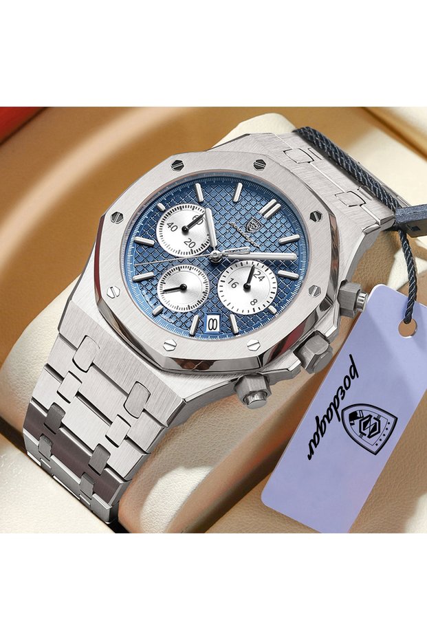 926 Silver Blue SL POEDAGAR Luxury Men's Watches Stainless Steel Date Chronograph Male Watch Waterpr