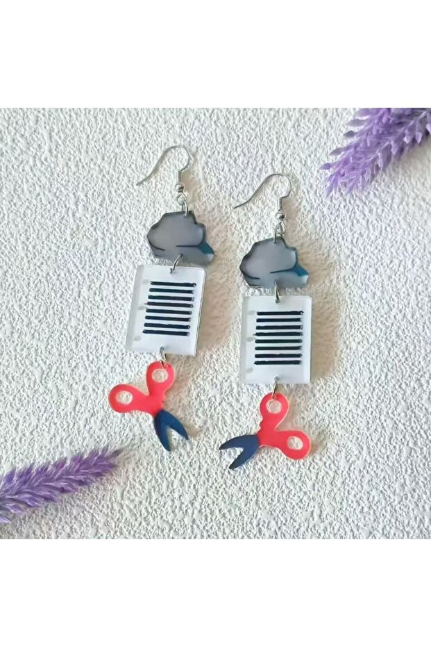 Bronze 1 Pair Quirky Rock-Paper-Scissors Pendant Earrings - Striped Acrylic Dangle Earrings with Red