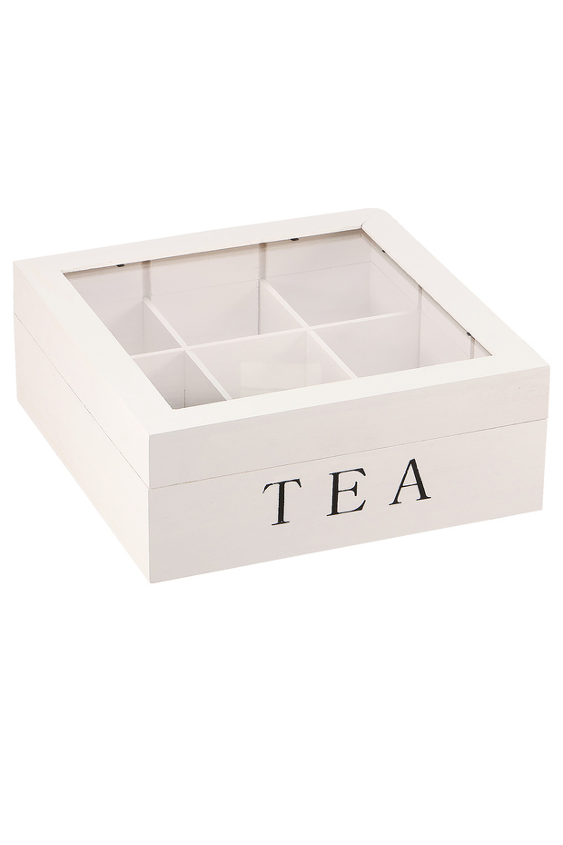 White Wood Tea Bag Storage Box with Clear Lid 9 Compartments Square Container Desktop Jewelry Organi