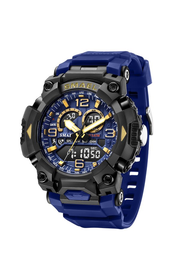 Blue SMAEL Fashion Sports Casual Electronic Man Watch Dual Digital Display Silicone Strap Luminous W
