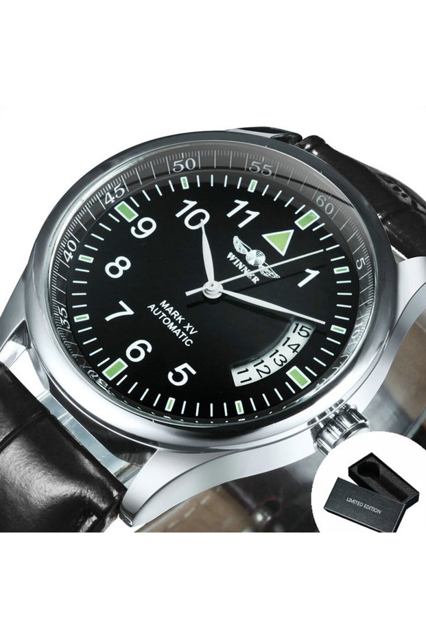 BOX BLACK WINNER Business Automatic Watch for Men Calendar Window Fashion Black Dial Fashion Leather
