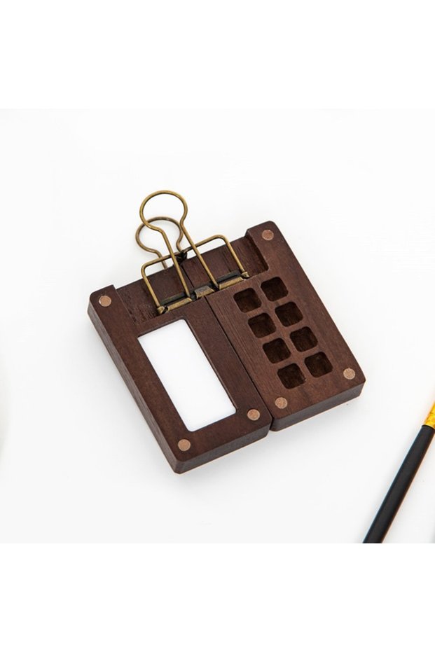 8 Grid with clip Mini Wooden Watercolor Palette Storage Box, 8/15 Color Slots, Portable Sketch Mixin