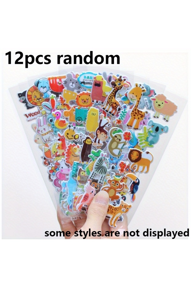 12pcs 12 Sheets Wild Animal 3D Bubble Stickers Vibrant Cartoon Deer Lion Gorilla Tiger Monkey Decals