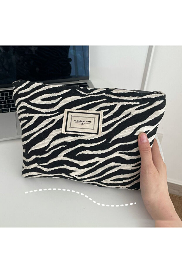black Random Zebra-Print Makeup Bag Toiletry Bag Women'S Handbag Clutch Bag Convenient Large Capacit