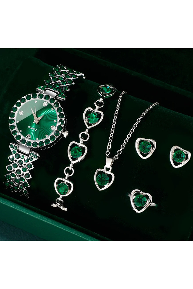 green Women Fashion Watches Heart Rhinestone Ring Necklace Earring Jewelry Set Luxury Dress Quartz W