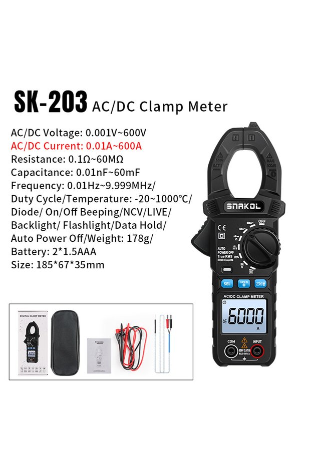 SK-203 SNAKOL Clamp Meter Multimeter AC/DC Voltage Current 6000 Counts Ammeter Voltmeter NCV Resista