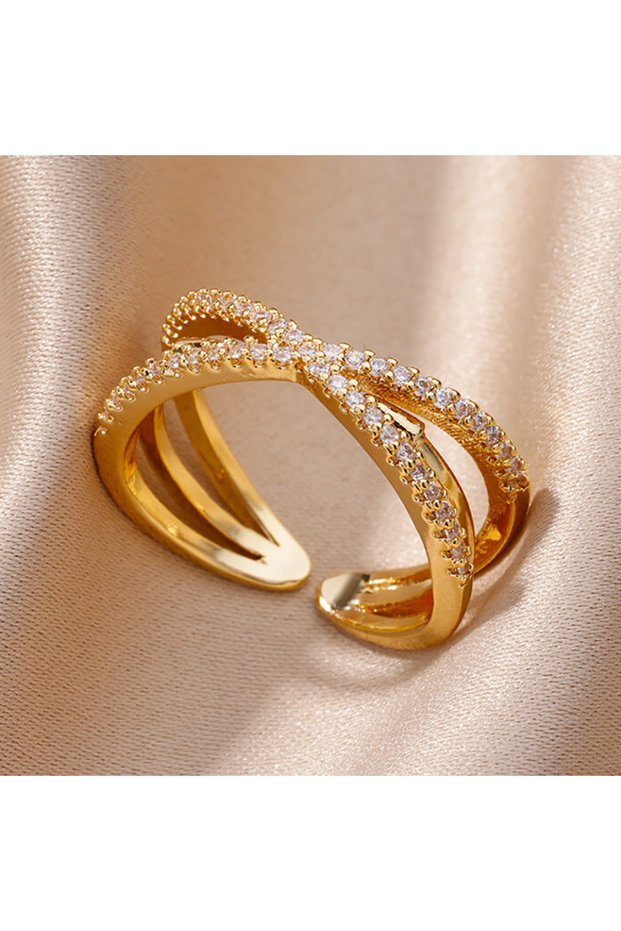 resizable JZ4378G Fashion Chain Hollow Out Rings For Women Gold Color Stainless Steel Zircon Cross O