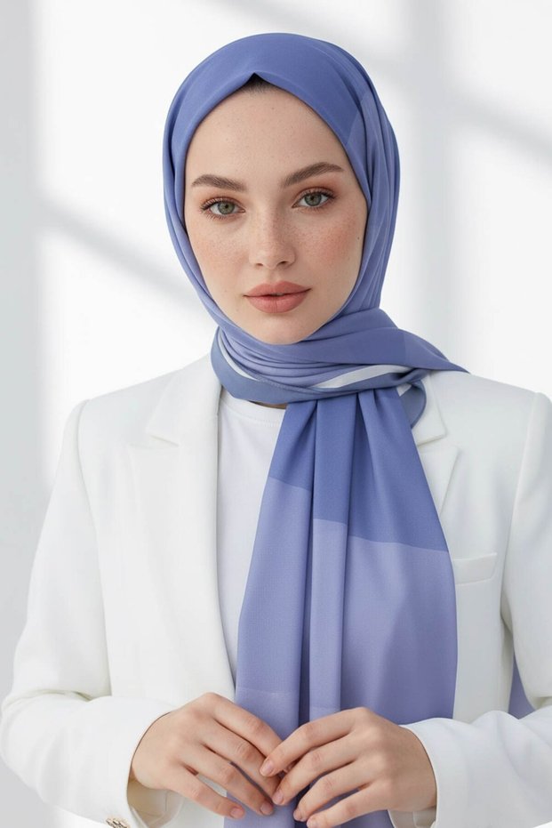 Crepe Geometry Patterned Baby Blue Colored 75X195 Non-Fading Shawl