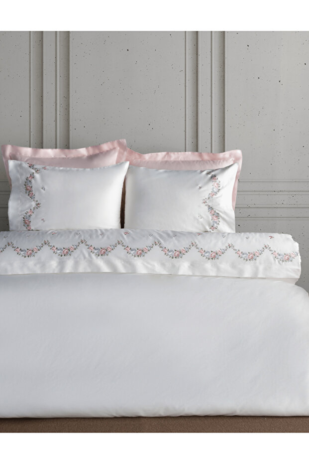 Lara Embroidered Cotton Satin Double Duvet Cover Set - Cream/Powder