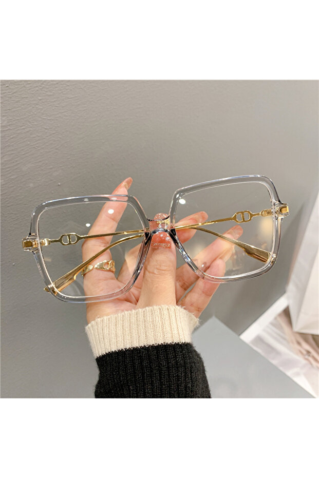 Transparent Grey Fashion Oversized Square Eyewear Retro Womens Light Bloking Metal Frame Glasses Tre