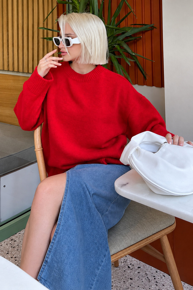 Red Oversize Soft Textured Crew Neck Women's Sweater