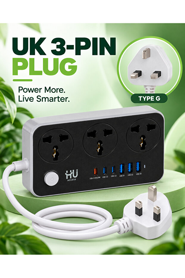 Universal Power Socket 2500W – Multi Plug Extension with 20W USB Fast Charging, Anti-Flaming Shell, Heavy Duty Power Strip for Home & Office