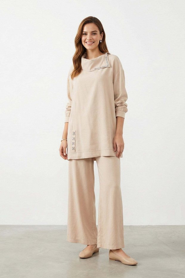 Women's Degaje Collar Stone Detailed Tunic Trousers Set - 14448Tks Beige