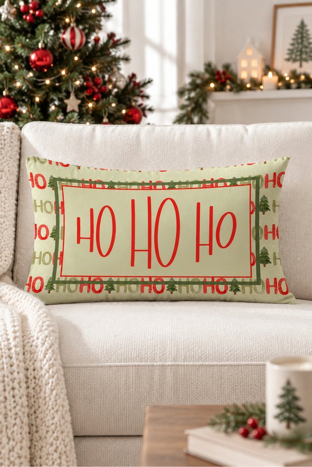 Christmas Themed Ho Ho Ho Patterned Velvet Throw Pillow Case 35X55 cm - Decorative Pillow Case