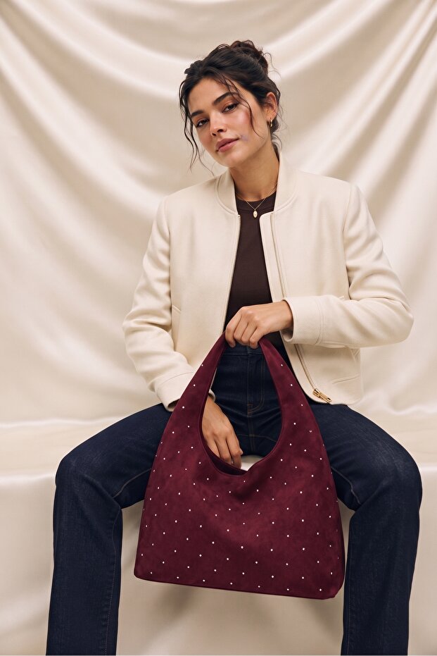 Soft Suede Studded Voluminous Hand and Shoulder Bag Burgundy
