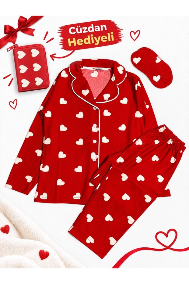 Girl's Cotton Fabric Suede Red Heart Pattern White Piping Sleep Band Shirt Collar Pajama Set (*With Wallet Gift*)
