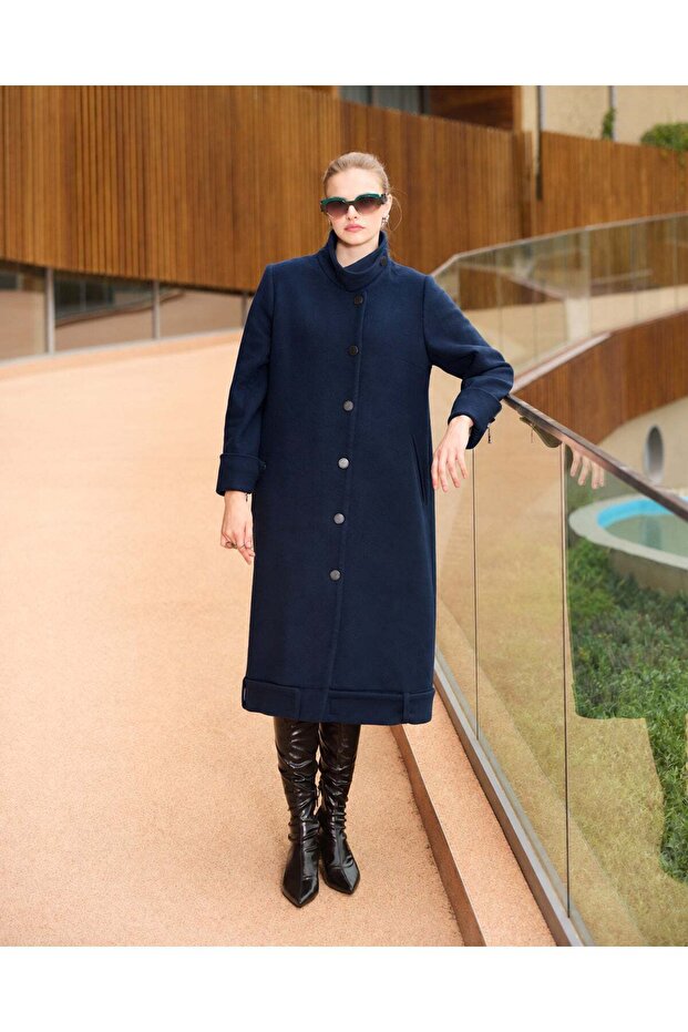 Long Wool and Cashmere Coat - Navy