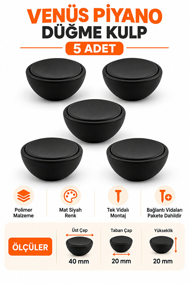 Venus Concave Polymer Button Handle 5 Pcs Matte Black 40 mm Cabinet Drawer Kitchen Wardrobe Furniture Cover