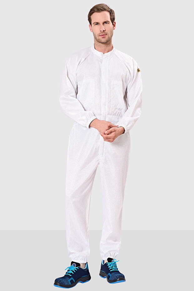 Men's White 100% Antistatic Fabric Work Overalls with Stand Collar, Zipper, Elastic Cuffs, Breathable, Lightweight