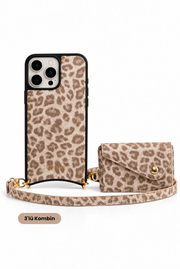Hera iPhone 16 Pro Max Compatible Leopard Pattern Magsafe Wallet, Strap, Oval Case 3-Piece Cream Set