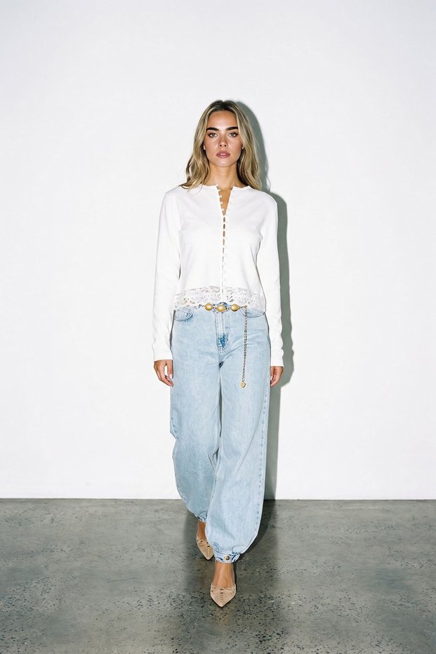 Ecru Buttoned Knitwear Blouse with Lace Detail at the Hem