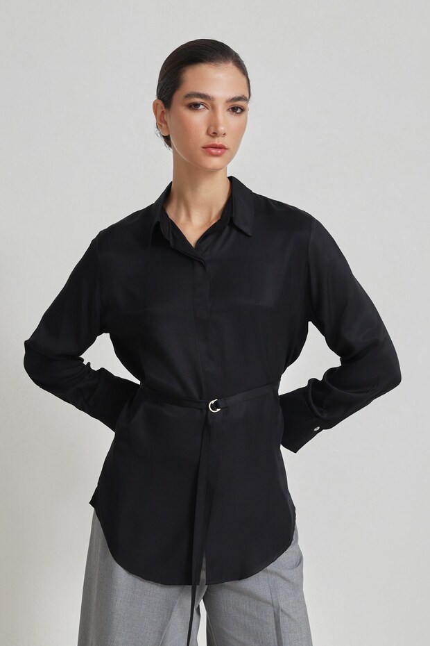 Black Waist Belt Long Sleeve Shirt