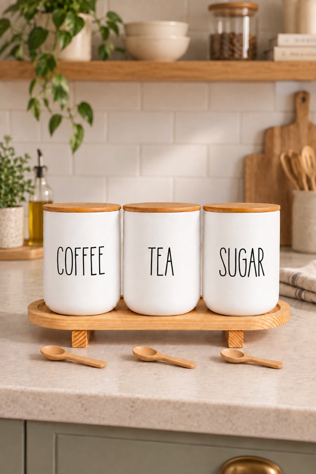3-Piece Bamboo Base Tea/Coffee/Sugar Plastic Jars + 3 Wooden Spoons