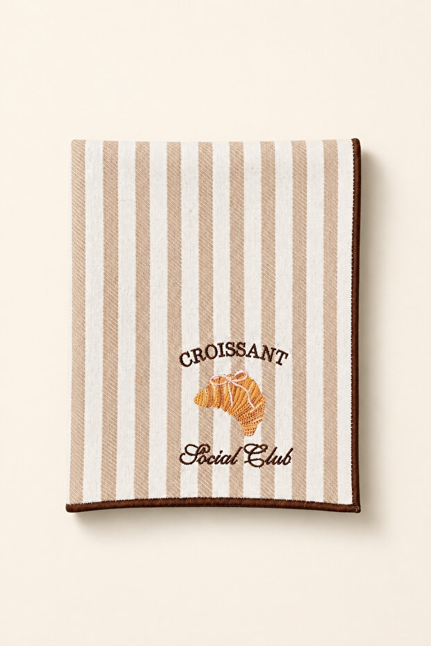 Croissant Embroidered Decorative Hand Towel – 100% Cotton, Striped Linen Texture (30X45 cm) – 1 Piece