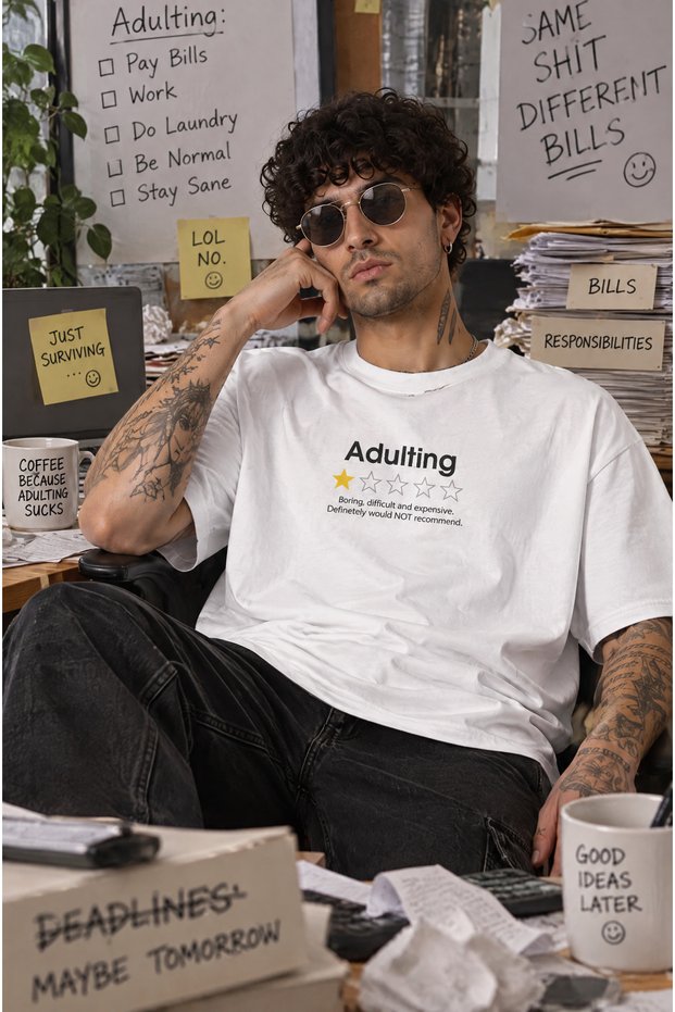 Adulting 1 Star Review Written Unisex Oversize 24/1 Cotton T-Shirt - Special Collar Printed
