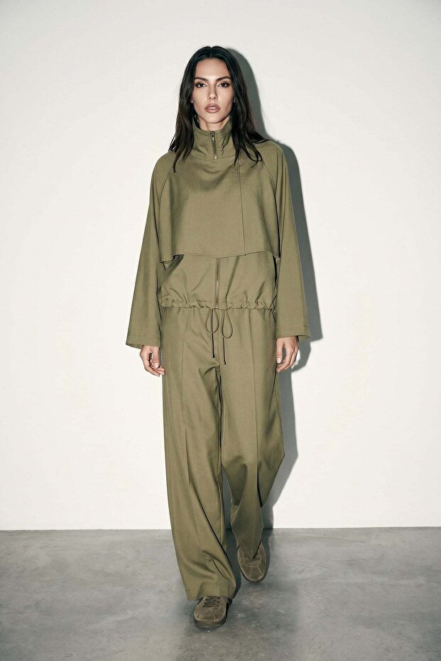 Olive Zippered Jacket and Relaxed Fit Drawstring Pants Set