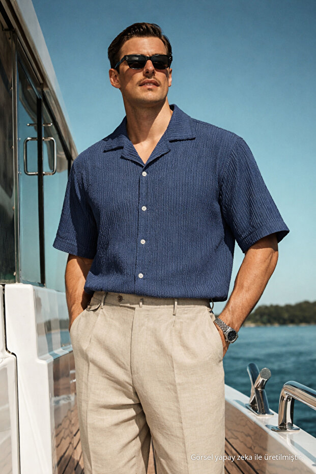 Men's Casual Oversized Navy Blue Linen Stylish Shirt