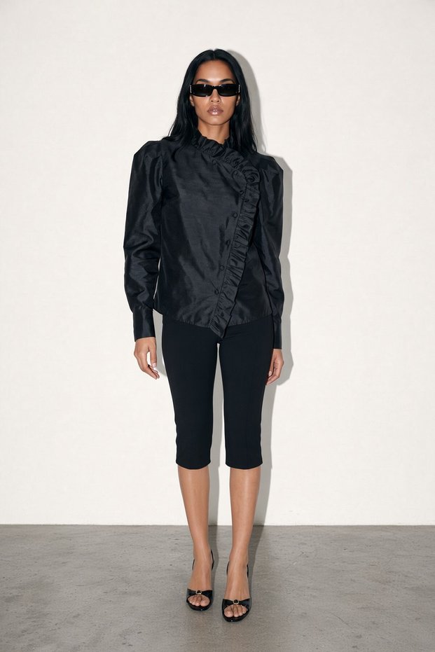 Black Ruffle and Button Detailed Long Sleeve Blouse