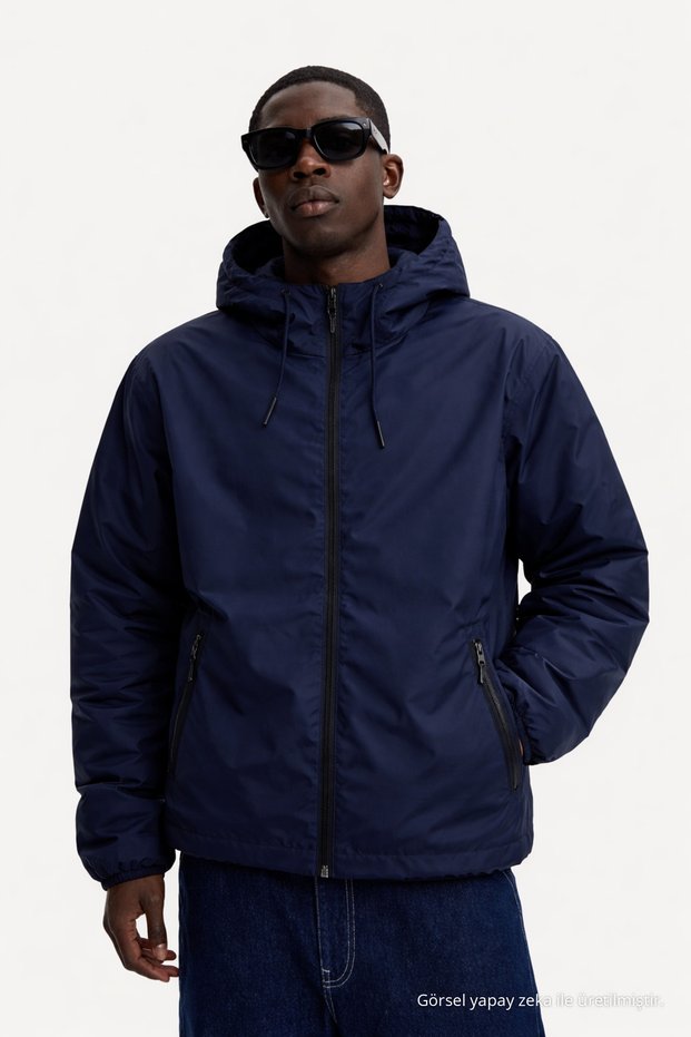 Men's Trend Zippered Navy Blue Raincoat & Windbreaker