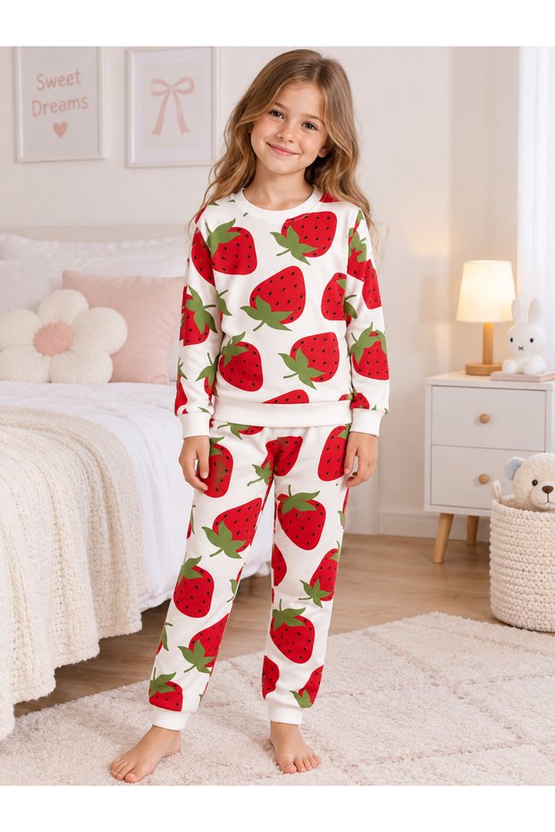 Girl's Cotton Raster White Strawberry Print Long Sleeve Winter Pajamas Set