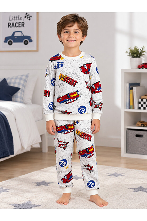 Boy's Cotton Fabric White Color Fleece-Lined Race Car Pattern Long Sleeve Winter Pajamas Set