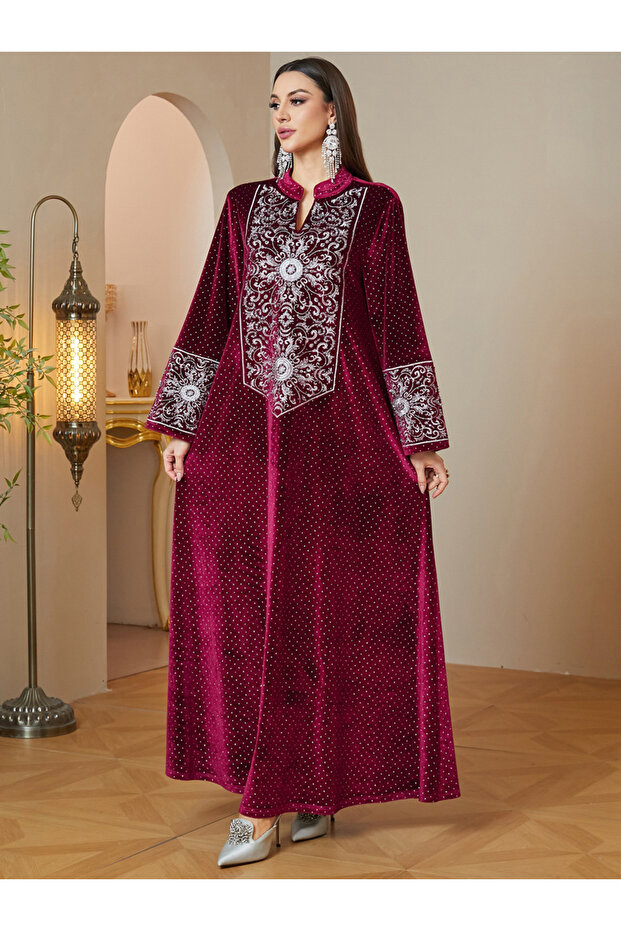 Red Velvet Embroidered Notch Neck Maxi Jalabiya