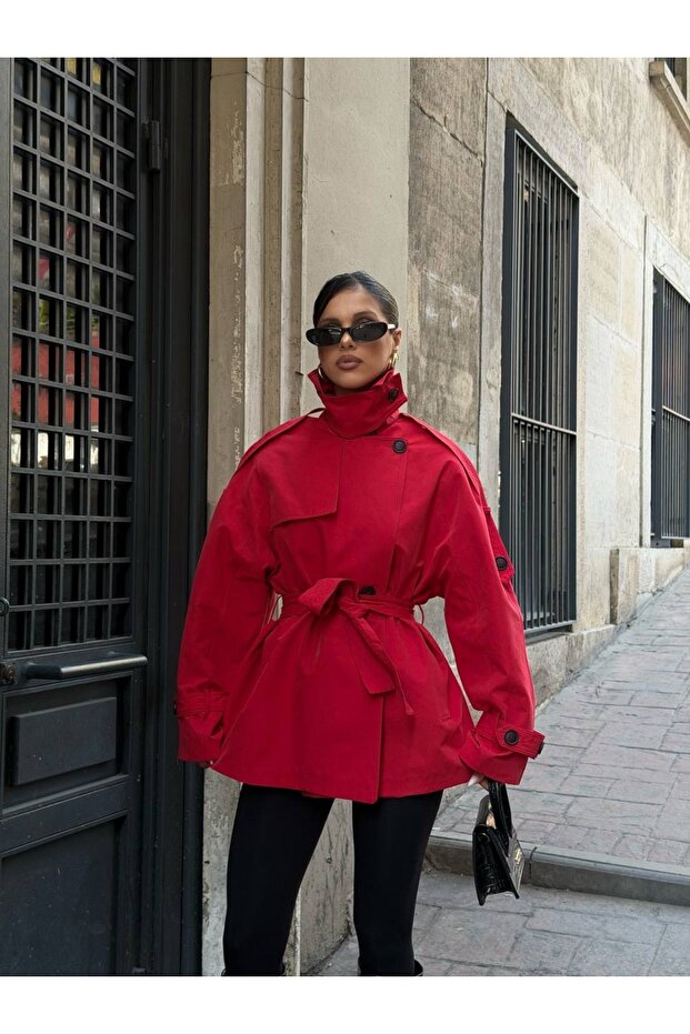 Half-Cape Buttoned Belted Trench Coat