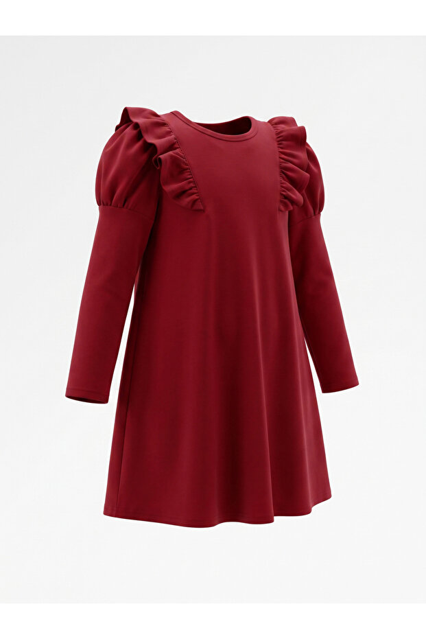 Girls Burgundy A-Line Midi Dress With Ruffle Sleeves