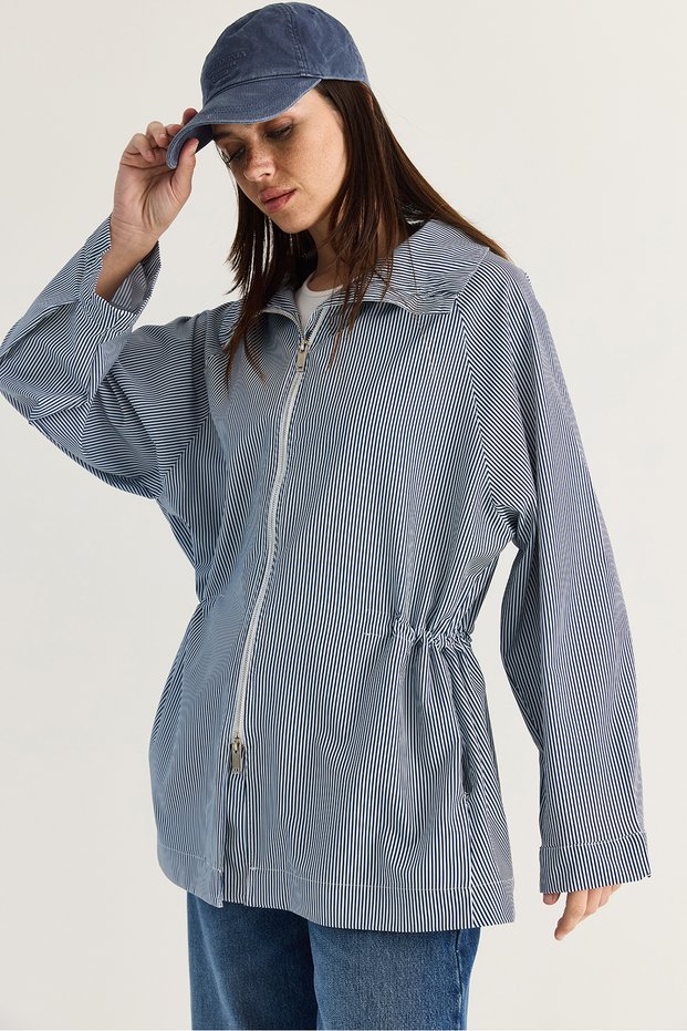 Women's Navy Blue-White Striped Hooded Waist Drawstring Pocket Detailed Zippered Raincoat 4192 60286518
