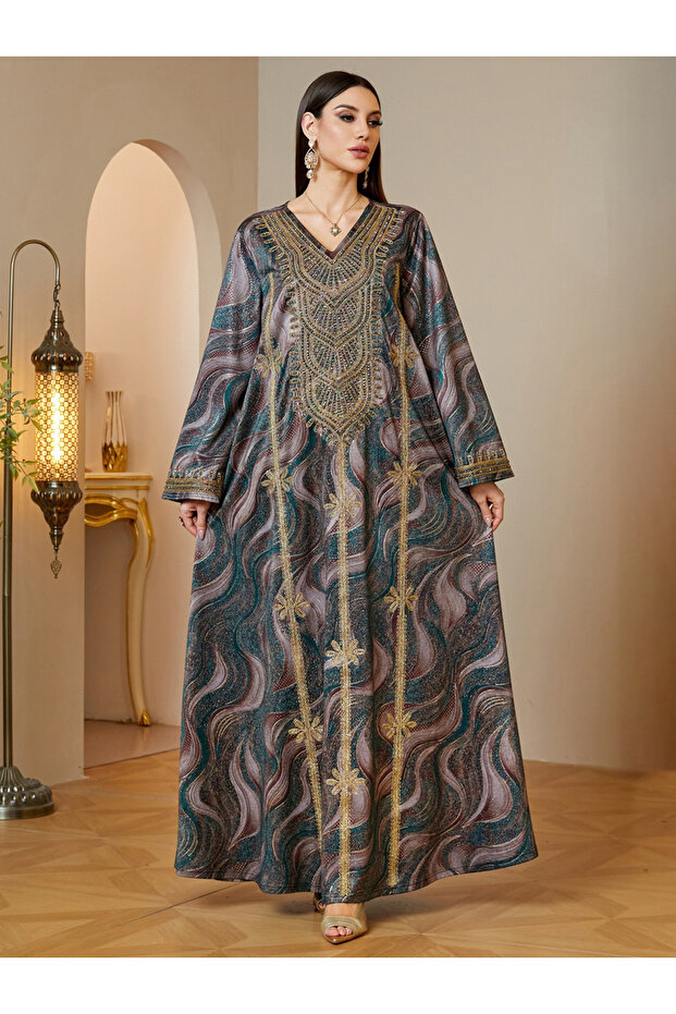 Multi-Color V-Neck Maxi Jalabiya With Gold Embroidery