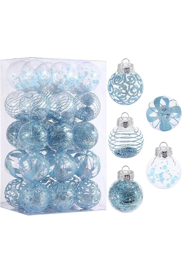 Clear Glass Christmas Ornaments, Blue Glitter Pattern, 6cm Shatterproof Baubles, 24 Pack Tree Decorations