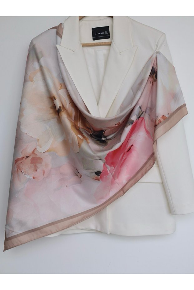 Ebruli Flowers Pattern Silk Shawl Without Fur - Mink