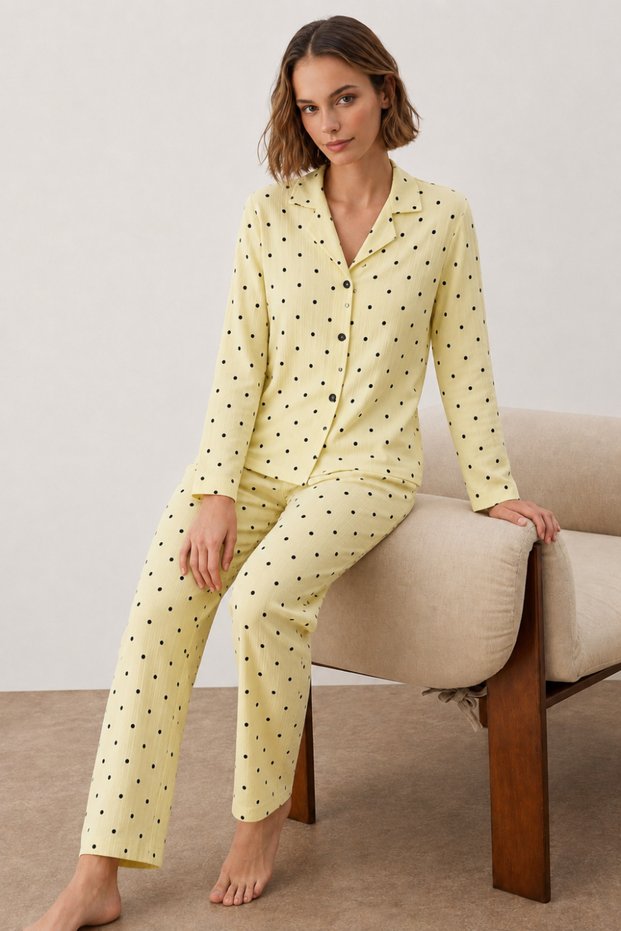 Women's Polka Dot Classic Collar Yellow Pajama Set