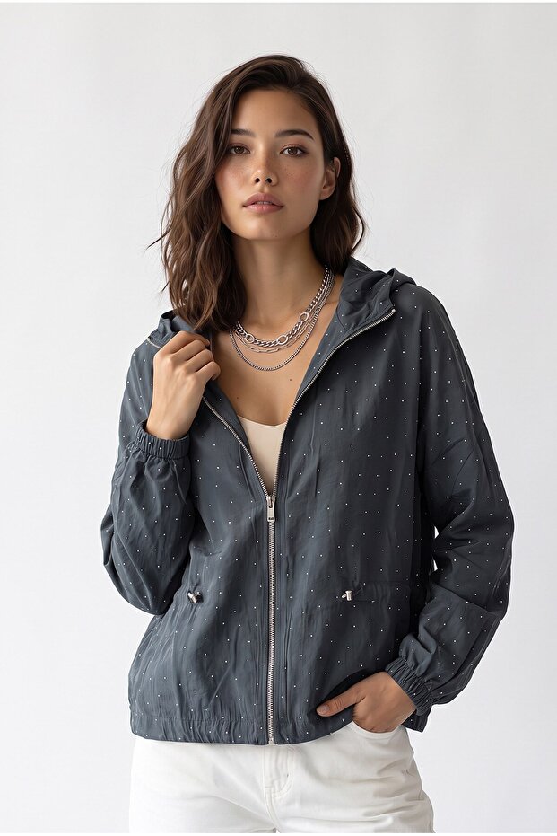 2237 Stoned Adjustable Drawstring Hooded Zippered Jacket Smoked