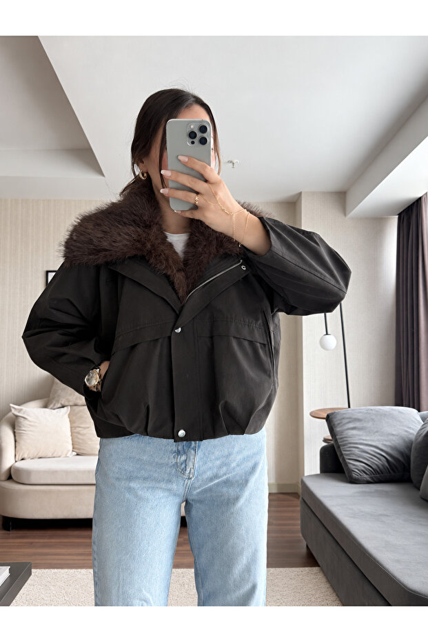 Fur Bomber Zippered Trench Coat