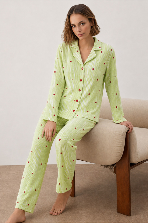 Women's Polka Dot Classic Collar Green Pajama Set